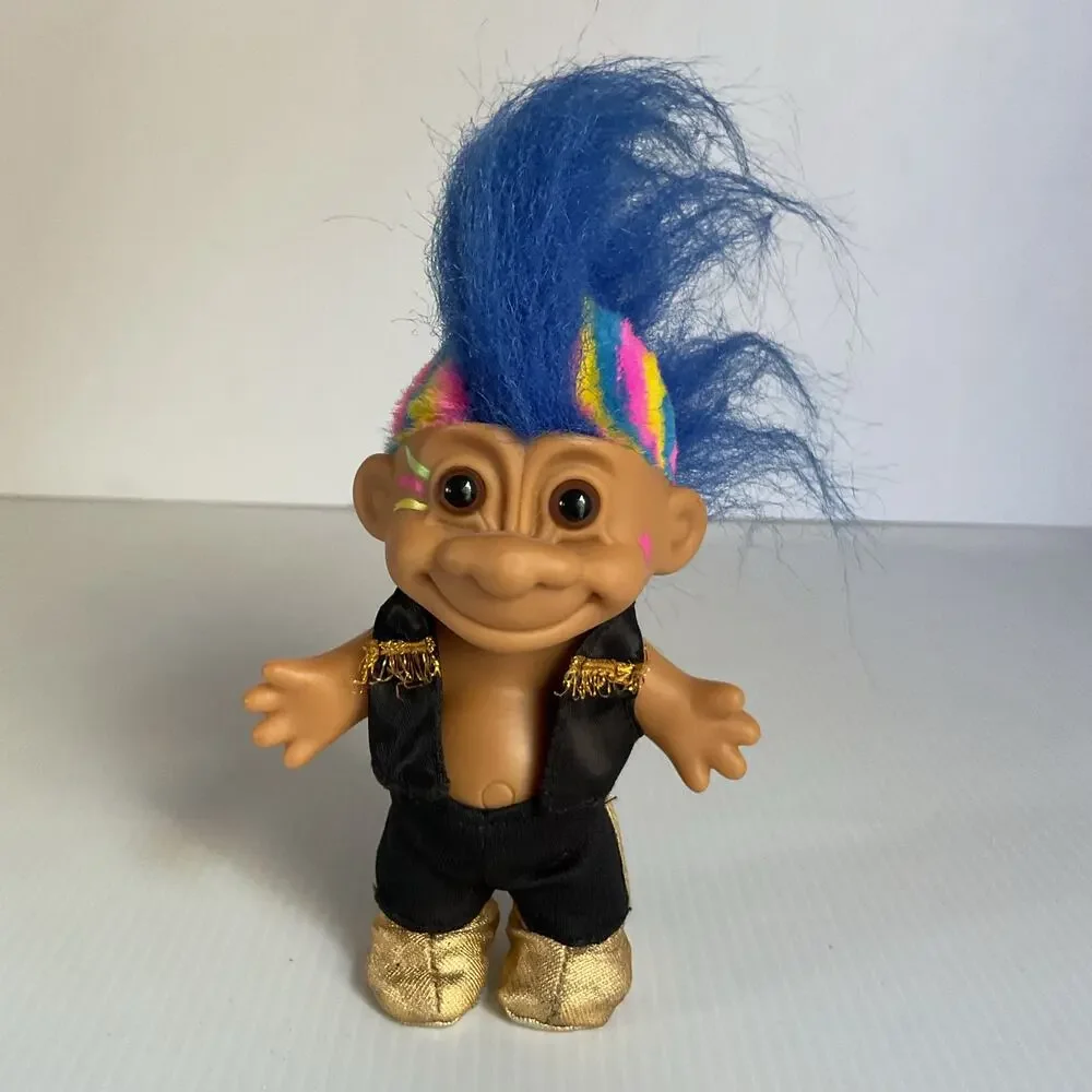 Vintage Russ Troll Doll Blue Hair Rainbow Sides Gold Shoes 1990s Collectible - Picture 5 of 9